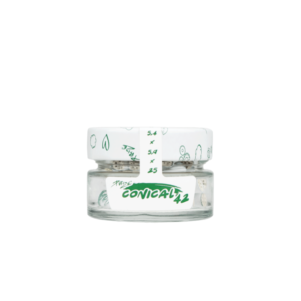 PURIZE Conical XTRA Slim – 42 konische Aktivkohlefilter im Glas, Ø 5–6 mm × 25 mm, beidseitige Keramikkappen, Made in Germany